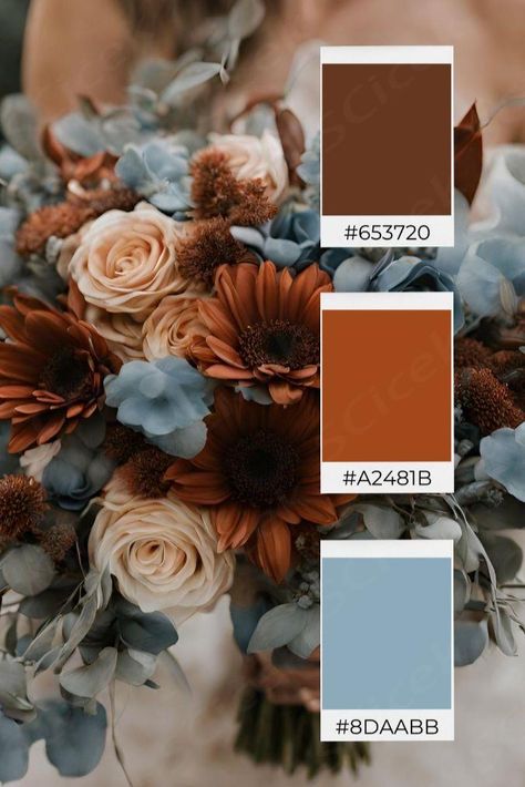 If you are looking for ideas to help you create your dream wedding color palette, then check out these stunning dusty blue and burnt sienna wedding color ideas to help inspire you!  Wedding color schemes  Wedding color palettes  Wedding theme  Wedding theme ideas  Wedding colors  Wedding color inspiration  Wedding color ideas  Wedding themes  Wedding colors unique  Fall wedding color ideas  Winter wedding color ideas  Spring wedding color ideas  Summer wedding color ideas Unpopular Wedding Colors, Ocean Wedding Theme Color Palettes, Autumn Color Scheme Wedding, Spring Wedding Dark Colors, Rustic Wedding Blue Color Schemes, Hygge Wedding Summer, Wedding Color Schemes For Fall, Shades Of Blue Fall Wedding, Light Blue And Maroon Wedding