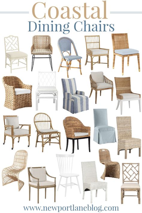 The prettiest coastal dining chairs with something for every budget and style! Check out cane, rattan, upholstered and wicker coastal dining chairs! Coastal Dining Chairs, Beach House Dining Room, Coastal Dining Room, Farmhouse Dining Rooms Decor, Beach Dining, Coastal Farmhouse Decor, Coastal Dining, House Dining Room, Pillow Combos