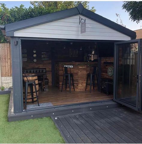 Mens Shed Ideas, She Shed With Bar, Outside Bar Shed, Outside Shed Bar Ideas, Outdoor Shed Bar Ideas Backyards, Lakehouse Storage Shed, Backyard Shop Ideas, Man Shed Ideas Backyards, Outdoor Bar Shed Ideas