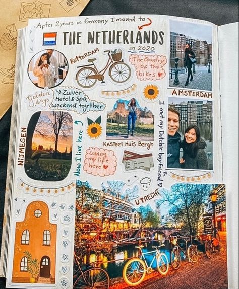 The Adventure Book Travel Journals, Travel Scrapbook Aesthetic, Amsterdam Scrapbook Ideas, Traveling Scrapbook Ideas, Scrapbook Travel Ideas, Study Abroad Scrapbook, Travellers Notebook Inspiration, Design For Scrapbook Ideas, Trip Journal Ideas