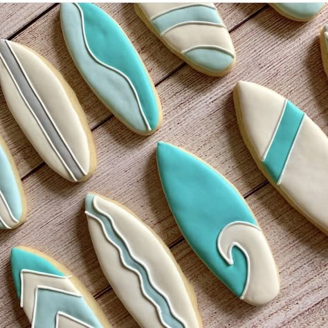 Surfer Birthday Cookies, Surfs Up Party Food, Surf Birthday Cookies, Wave Cookies Decorated, Surf Cookies Decorated, Beach Theme Birthday Cookies, Surf Theme Cookies, Surf Board Cookies, The Big One Surf Birthday Cookies