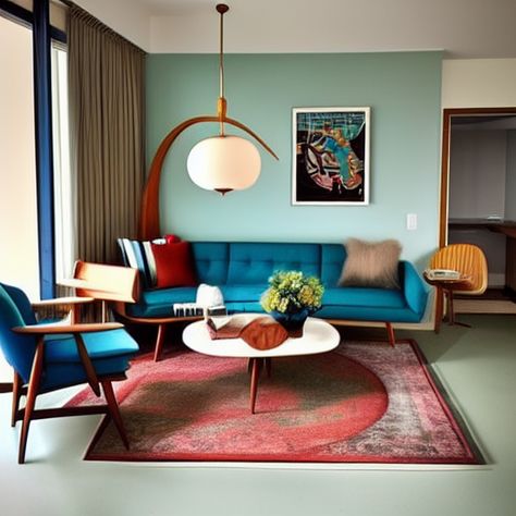 50s Living Room Vintage, Turquoise Mid Century Living Room, Mid Century Modern Living Room Yellow Couch, Mid Century Living Room Orange Sofa, Blue Couch Retro Living Room, 50s Living Room, 60s Living Room, 50s Interior, Mid Century Interior Design