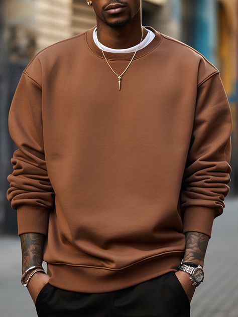 Brown Sweatshirt Outfit Men, Brown Sweatshirt Outfit, Sweatshirt Outfit Men, Sweatshirts Men, Brown Sweatshirt, Aesthetic Brown, Cheap Sweatshirts, Mens Fashion Wear, Loose Hoodie