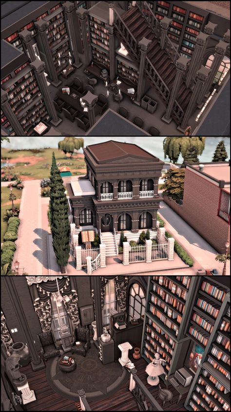 Willow Creek Libary New Orleans Mansion, Ts4 Builds, Mansion Interior Design, Cc The Sims 4, San Myshuno, House Plans With Pictures, Sims Builds, Sims 4 House Plans, Sims 4 House Design