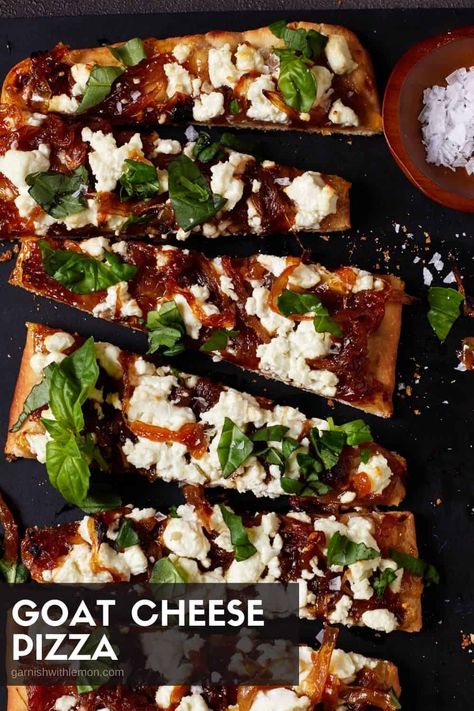 Everyone loves pizza, but creamy goat cheese, silky smooth caramelized onions, subtly sweet fig jam and fresh, fragrant basil make an especially addictive combo. Enjoy restaurant quality flavor at home with this easy goat cheese pizza recipe! Goat Cheese Pizza Balsamic, Apple Goat Cheese Pizza, Pesto Goat Cheese Pizza, Fig Jam Pizza, Goat Cheese Fig Jam, Goat Cheese Pizza Recipes, Pizza With Goat Cheese, Fig Pizza, Goats Cheese Flatbread