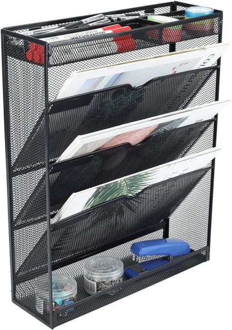 Amazon.com : EasyPAG Desk File Organizer Mesh 5-Tier Hanging Wall Mount File Holder Desktop Vertical Mail Paper Folder Holder Stand Rack with Bottom Tray and Accessories Organizer for Office Home,Black : Office Products Dt Coursework, Desk Paper Organizer, Desk File Organizer, Desk File, Folder Holder, Paper Folder, Accessories Organizer, Pinterest Contest, File Organizer