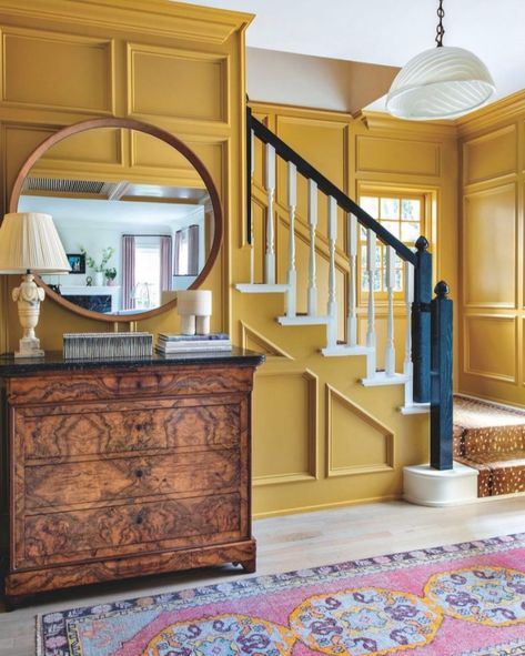 Benjamin-Moore-Golden-Bounty-hallway-mustard-yellow-paint-color Wall Colours For Hall, Mustard Yellow Paint Colors, Mustard Yellow Paint, Yellow Hallway, Mustard Yellow Paints, Yellow Paint Colors, The Shade Store, Classic White Kitchen, Yellow Paint