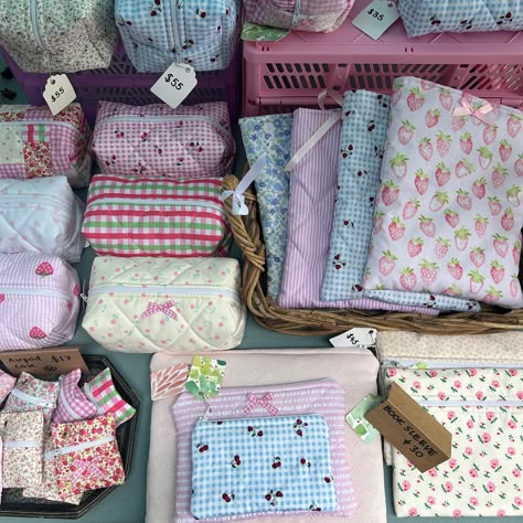 Pic from a recent market stall 💖❤️🌸🎀🦋🍓 Cute Market Stall Ideas, Cute Market Stall, Aesthetic Market Stall, Thrift Market Stall, Sewing Projects To Sell Farmers' Market, Market Stall Checkout, Market Stall Display Ideas, Market Stall Display, Sewing Aesthetic