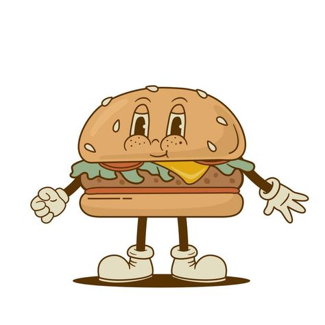 Burger Character Illustration, Retro Burger Illustration, Hamburger Drawing, Burger Character, Burger Illustration, Burger Drawing, 60s Cartoons, Funny Burger, Burger Cartoon