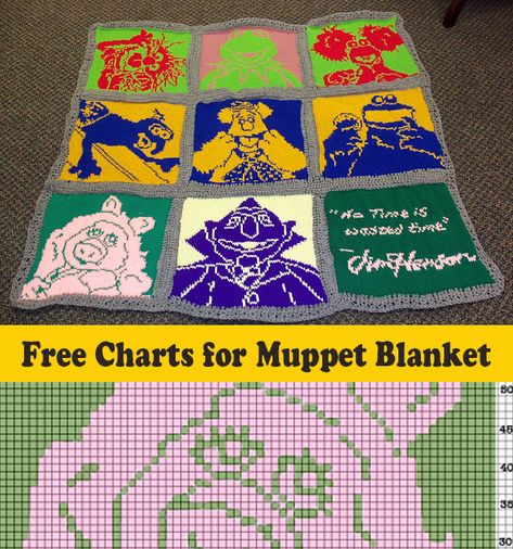 Knit or Crochet these Muppet squares with the free charts from the PDF Muppet Crochet Pattern Free, Muppets Crochet Pattern, Crochet Muppets, Muppets Crochet, Muppet Crochet, Piggy Muppets, Free Chart, Tapestry Blanket, Pixel Crochet