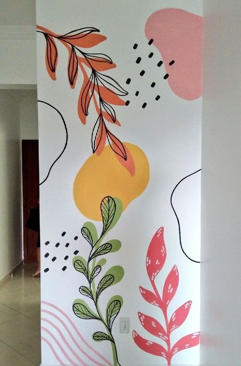 Easy Wall Decor Painting Ideas, Classroom Painted Walls, Easy Floral Wall Painting, Cute Murals Wall Art, Pastel Mural Painted Walls, Small Space Mural, Succulent Accent Wall, Wall Mural Colorful, Small Wall Mural Ideas