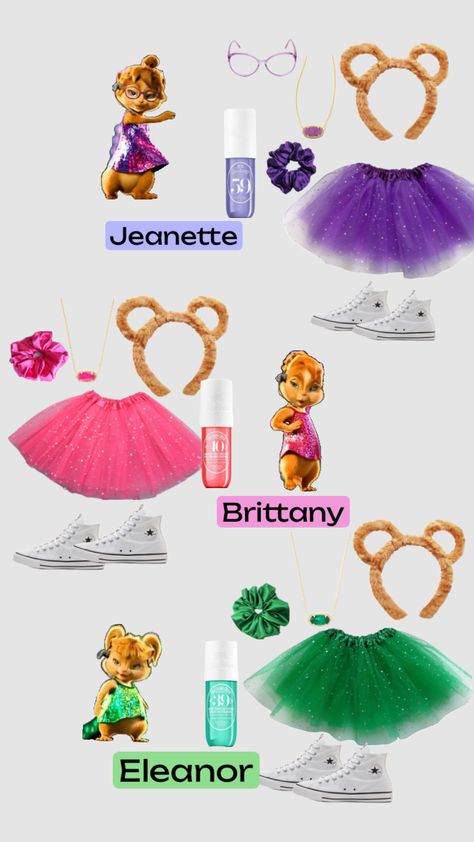 #outfitinspo #chipmunks #chippets #purple #pink #green #halloweenaesthetic #halloweencostume #girls The Girl Chipmunks Costumes, Brittany From Alvin And The Chipmunks Costume, Chippets Halloween Costume Ideas, Halloween Costume Chippets, Diy Chipettes Costumes, Chippets Trio, Pink Tutu Costume Ideas, 3 Chipmunks Costume, Brittney Chipettes Costume