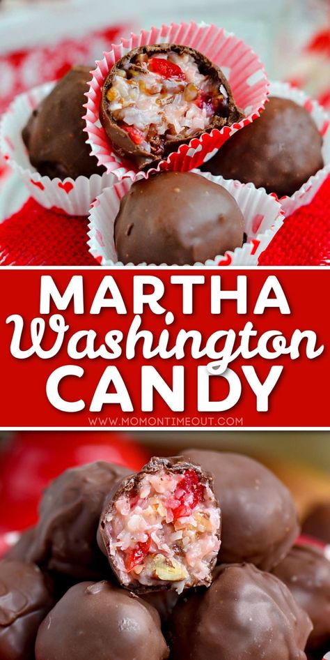 Martha Washington Candy is an easy to make old fashioned candy that is perfect for the holidays! Made with coconut, pecans and cherries, this easy candy recipe is ideal for gift giving and looks impressive on a cookie tray! A must make for Christmas! Martha Washington Balls Recipes, Christmas Baked Gifts Homemade, Rum Nougat Candy Recipe, Christmas Candy And Cookie Recipes, Martha Washington Balls, Goodies For Christmas, Martha Washington Candy, Easy Christmas Candy, Candy Homemade