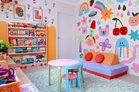 Funky Playroom, Colorful Playroom Ideas, Toddler Bedroom Ideas, Boy And Girl Shared Bedroom, Playroom Mural, Girls Room Design, Colorful Playroom, Shared Girls Bedroom, Colorful Kids Room