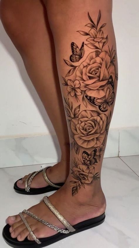 Black Womens Tattoos, Big Tattoos For Women Leg, Side Of Leg Tattoos Women, Side Leg Tattoos Women, Side Leg Tattoos Women Thighs, Side Calf Tattoos For Women, Female Leg Tattoos, Women Calves Tattoo, Tattoos With Roses