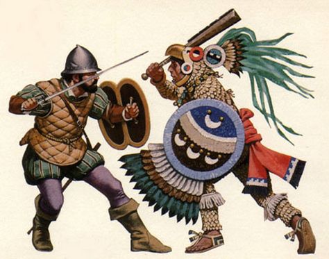 panish Conquistador fighting against an Aztec Eagle Warrior during the Spanish conquest of the Aztec Empire in 1521. Indian Civilization, Aztec History, Mexican History, Ancient Mexico, Aztec Empire, Warriors Illustration, Ancient Aztecs, Historical Warriors, Spanish Conquistador