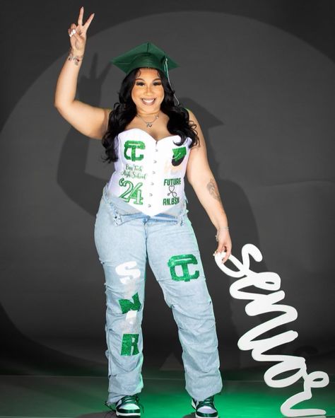 CUSTOM #corset & #seniorjeans2024 🔥 done by @jaicreativecollection 🎀 | #CassTech 🎓💚🤍 DM or TEXT (313)318-0114 to place an order📲 | #customseniorset #casstechnicalhighschool #seniorsunday #customsenioroutfit #customseniorshirts #classof2023 #classof2024 #customseniorcorset #customjeans #customcorset Custom Corset, Corset And Jeans, Senior Portrait Outfits, Graduation Cap Decoration Diy, Custom Corsets, Senior Photo Outfits, Beautiful Photoshoot Ideas, Corset Outfit, Grad Photoshoot