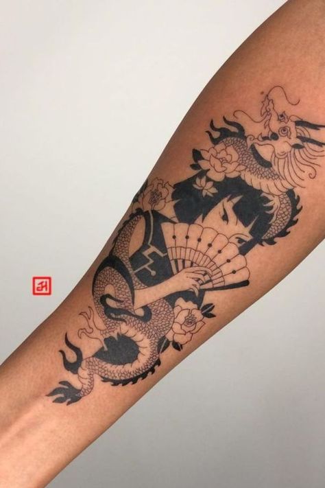 Chinese Style Sleeve Tattoo, Forearm Tattoo Women Japanese, Chinese Dragon Tattoos Forearm, Asian Inspired Tattoos For Women, Chinese Arm Tattoo, Japanese Tattoo Forearm, Japanese Patchwork Tattoo, Chinese Inspired Tattoos, Asian Tattoos For Women