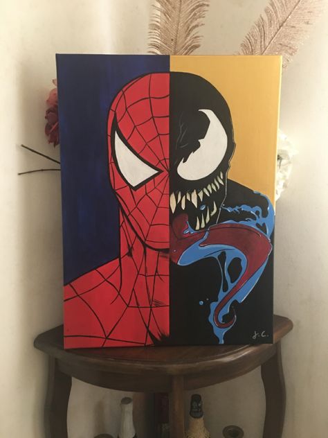 Spiderman Art Canvas, Black Spiderman Painting, Spiderman And Venom Painting, Spider Man Acrylic Painting, Venom Canvas Painting, Guy Painting Ideas, Painting Ideas Marvel, Spider Man Canvas Painting, Painting Ideas Men