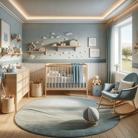 Nursery Ideas Light Blue, Blue Nursery Color Palette, Light Blue Nursery Ideas, Blue Themed Nursery, Light Blue Baby Room, Baby Boy Room Inspiration, Gender Neutral Ocean Themed Nursery, Cloud Nursery Ideas, Painted Nursery Walls