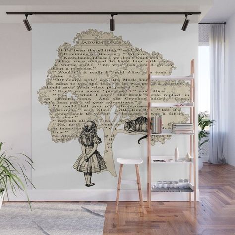 Reading Room Wall Decor, Fairytale Office, Book Wall Mural, Alice In Wonderland Home Decor, Book Mural, Library Room Decor, Book Wall Decor, Small Rental Bathroom, Library Mural