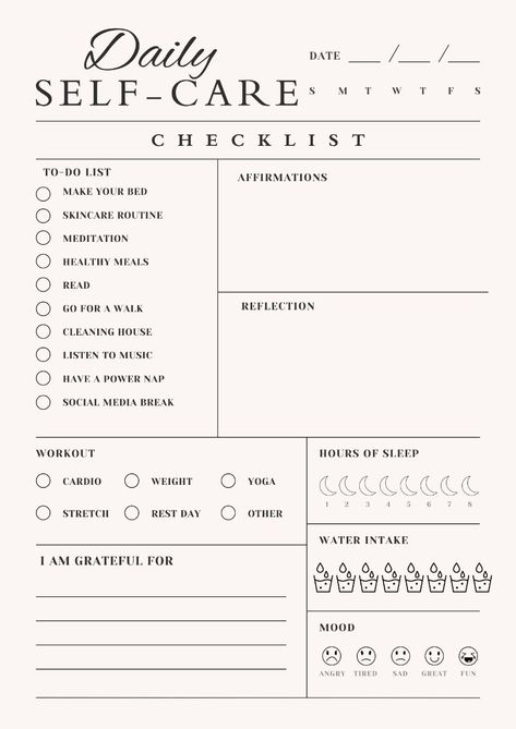 Daily Self-Care Checklist Template freegoodnotesplanner #agendaplannerorganization Organisation, Skincare Checklist Template, Daily Planner Checklist, Printable Self Care Checklist, Daily Planning Template, Self Care Template Free Printable, Morning Routine Template Free Printable, Self Care Planner Template, Mental Health Planner Free Printable