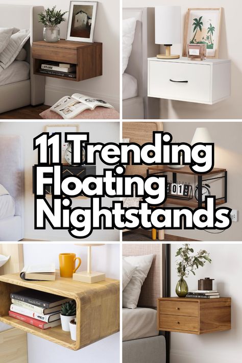 Transform your bedroom with these 11 trending floating nightstands! Perfect for small spaces and clutter-free living, these stylish options blend functionality and modern design. From rustic wood to sleek minimalist styles, each nightstand adds charm and clever storage without taking up floor space. Click to explore the best floating nightstands that combine practicality and elegance for your bedroom! Space Saving Side Tables Bedroom, Nightstands Small Bedroom, Minimal Bedside Table Design, Night Stand Minimalist, Nightstand Alternative Small Spaces, Beside Table Aesthetic, No Room For Nightstand, Narrow Nightstand Ideas, Small Bedroom Nightstand Ideas