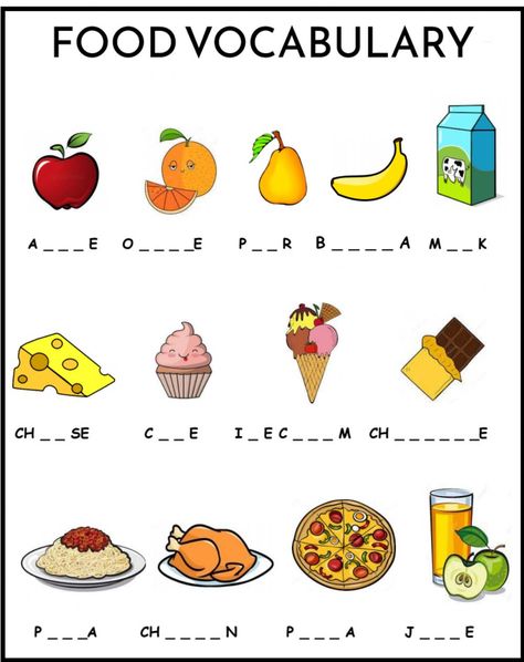 English Worksheets For Kindergarten, Food Vocabulary, English Activities For Kids, Kids Worksheets Preschool, Food Activities, English Phonics, Vocabulary Practice, English Classroom, English Lessons For Kids