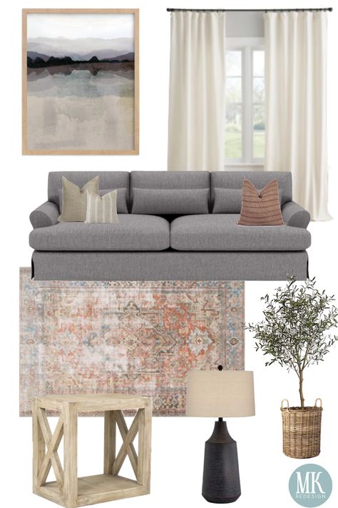 Beautiful Living Room Inspiration. Earth Tones. Rust, Blue, Ivory, Tan, Cream, Greenery all come together for a classic cozy living room, or family room. Faux Greenery tree. Nature Art Print. Cream Curtains Designer throw pillows. Gray Couch. Vintage Rug. Wood End Tables. Black Lamp. Follow us or check our our website for more information!  -MK Redesign Grey Couch Persian Rug Living Room, Rugs In Living Room Gray Couch, Area Rug Living Room Grey Couch, End Tables For Gray Couch, Gray Couch Gray Rug, Grey Tweed Couch Living Rooms, Grey Wood Living Room Decor, Granite Couch Living Room Ideas, Farmhouse Style Living Room Gray Couch