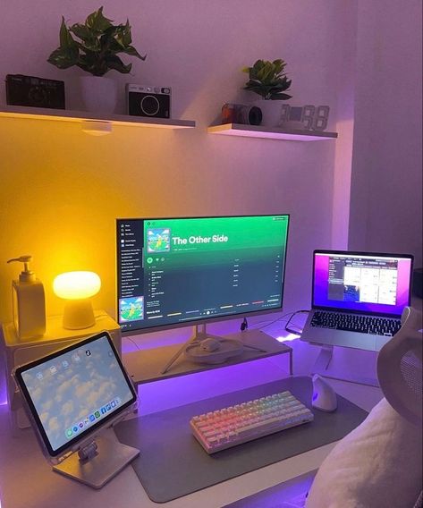 College Dorm Pc Setup, Rgb Desk Setup, Gaming And Study Setup, Monitor Aesthetic Setup, Big Tv Aesthetic, Cheap Pc Setup, Monitor Set Up, Aesthetic Set Up, Pc Setup Ideas