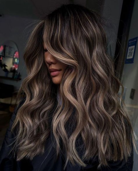 Black Hair with Ashy Balayage Highlights Brunette Balayage Hair Ashy, Balayage On Black Hair, Ashy Balayage, Black Hair Balayage, Ash Blonde Balayage, Brown Hair Looks, Bronde Balayage, Color Balayage, Brown Hair Inspo