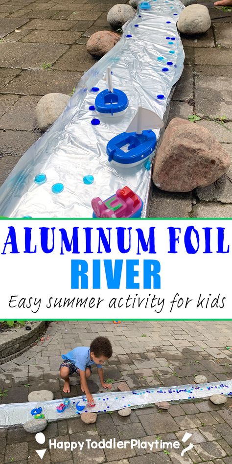 How to Make an Aluminum Foil River for Summer - Happy Toddler Playtime Toddler Learning Activities, Summer Fun For Kids, Summer Preschool, Daycare Activities, Summer Activity, Summer Learning, Beach Hacks, Toddler Play, Activity For Kids