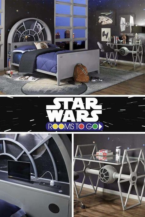 At Rooms to Go Star Wars Wallpaper Bedroom, Star Wars Headboard, Star Wars Bedroom Ideas For Adults, Boys Star Wars Bedroom, Star Wars Bedroom Boys, Star Wars Zimmer, Star Wars Office, Decoracion Star Wars, Rooms To Go Kids