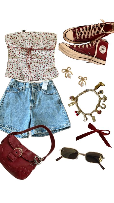 summer outfit idea aesthetic cherry red converse jorts vacation inspiration bow coquette Coquette Jorts Outfit, Cherry Aesthetics Outfit, Cherry Cola Aesthetic Outfits, Red Converse Outfit Summer, Cherry Outfit Aesthetic, Coquette Summer Outfits, Red Summer Outfits, Converse Outfit Summer, Outfit Idea Aesthetic