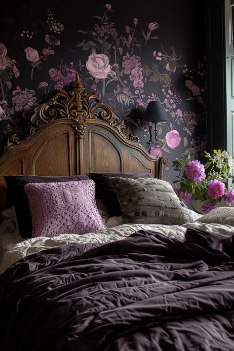 bedroom ideas, bedroom inspiration, purple bedroom, grown woman bedroom, bedroom inspiration, bedroom decor, dark bedroom Purple And Natural Wood Bedroom, Dusty Purple Bedroom Ideas, Purple Walls And Ceiling, Deep Purple Bedding, Deep Purple Room, Purple Victorian Bedroom, Purple Cottagecore Bedroom, Purple And Red Bedroom, Dark Botanical Bedroom