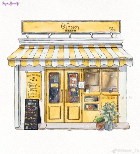 Building Illustration Watercolor, Plant Shop Drawing, Store Illustration Shop, Storefront Sketch, Cafe Shop Drawing, Watercolor Art Buildings, Shopfront Illustration, Building Illustration Sketch, Sketchbook Buildings