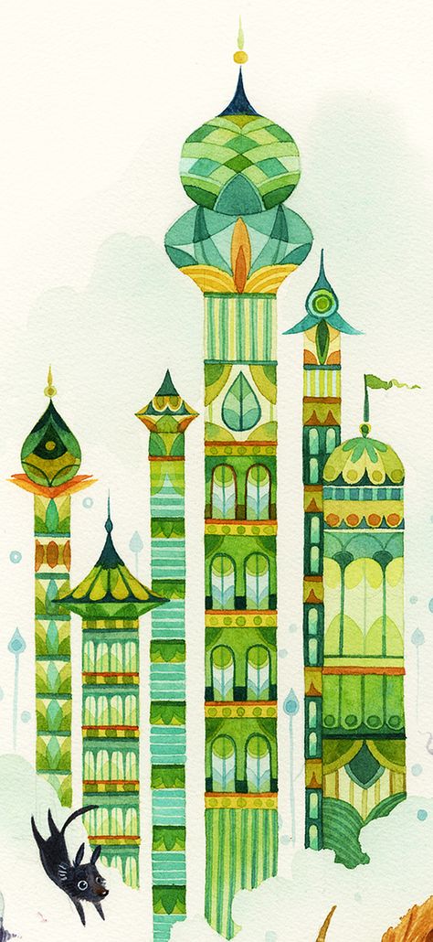 Green Tower, Poster City, Children's Book Illustration, Wizard Of Oz, Whimsical Art, Cityscape, Folk Art, Vector Art, Poster Art