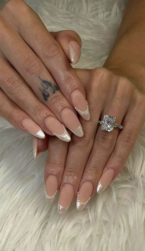 wedding nails, bridal nails, french manicure wedding, french tips nails brides, wedding nails brides, bride nails, wedding nail ideas White French Tip Wedding Nails, Wedding Nails French Tip With Pearls, French Nails Wedding Brides, Classy Bride Nails, Wedding Nails Pearl Brides, Champagne French Nails, Wedding Nails Inspo For Bride, Extra Wedding Nails, Wedding Nails Ideas For The Bride