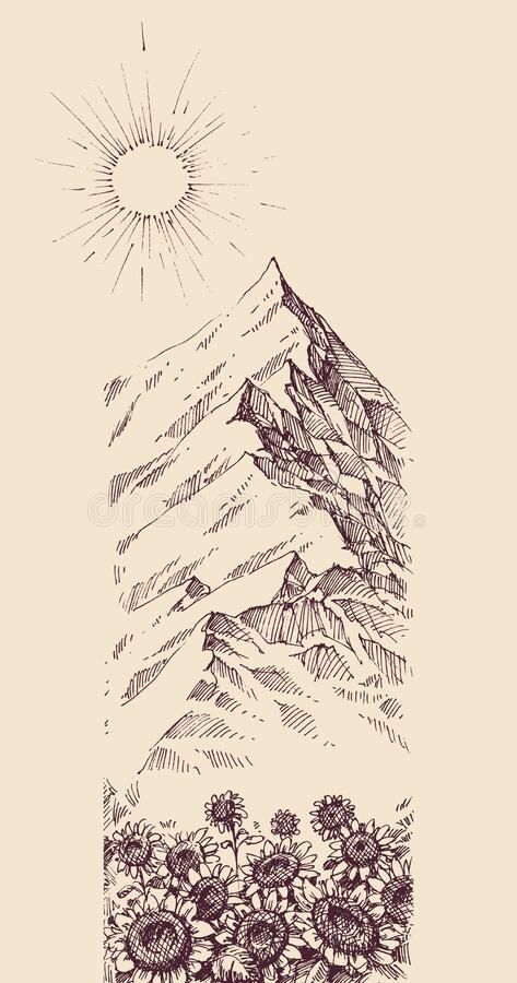 Mountain Nature Drawing, Sunflowers And Mountains, Ink Drawing Mountains, Mountain Botanical Tattoo, Mountain Drawing Landscapes, Mountain Wallpaper Drawing, Nevada Mountains Tattoo, Ink Illustrations Nature, Mountain Sunflower Tattoo