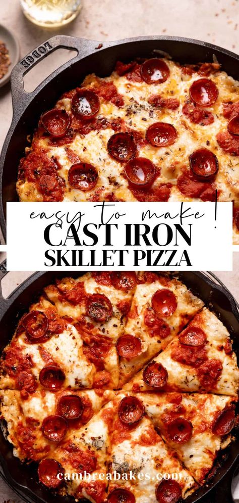 Skip the take-out pizza and cast iron skillet pizza instead! This easy skillet pizza has a thick crust with a crispy bottom and a soft and chewy center. Make this deep-dish pizza in 30 minutes with your favorite toppings for your next Friday night pizza! Iron Skillet Pizza, Cast Iron Skillet Recipes Dinner, Cast Iron Skillet Pizza, Friday Night Pizza, Deep Dish Pizza Recipe, Skillet Pizza, Pizza Topping, Pizza Roll, Iron Skillet Recipes