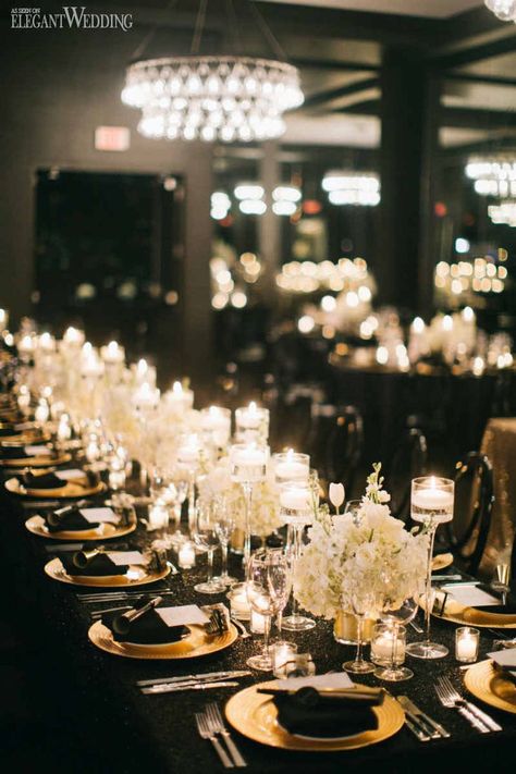 Black And Gold Wedding Table, Gold Wedding Centerpieces, Gold Table Setting, Gold Wedding Reception, Black And Gold Theme, Black And Gold Wedding, Black Gold Wedding, Gold Wedding Inspiration, Nye Wedding