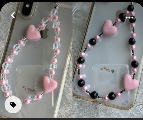 Black Pink Beaded Jewelry, Black And Pink Beaded Necklace, Pink And White Phone Charm, Bead Charms For Phone, Phone Beads Strap Aesthetic, Pink Phone Charm Aesthetic, Cute Phone Charms Diy, Beaded Jewelry Pink, Black Phone Strap