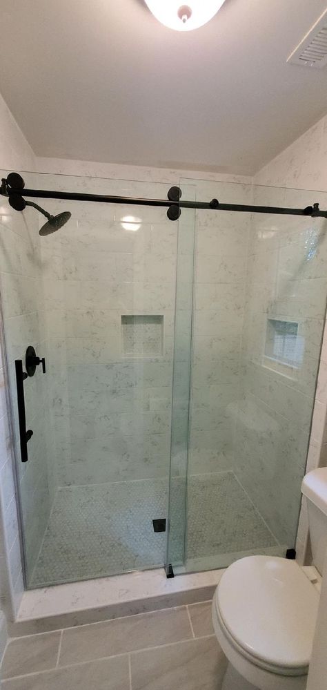 Master Bath Shower Sliding Door, Walk In Shower Sliding Door, Small Bathroom Sliding Shower Door Ideas, Shower Sliding Door Ideas, Walk In Shower With Sliding Glass Door, Shower Sliding Door, Bathroom Sliding Door, Shower Hardware, Bypass Sliding Shower Doors