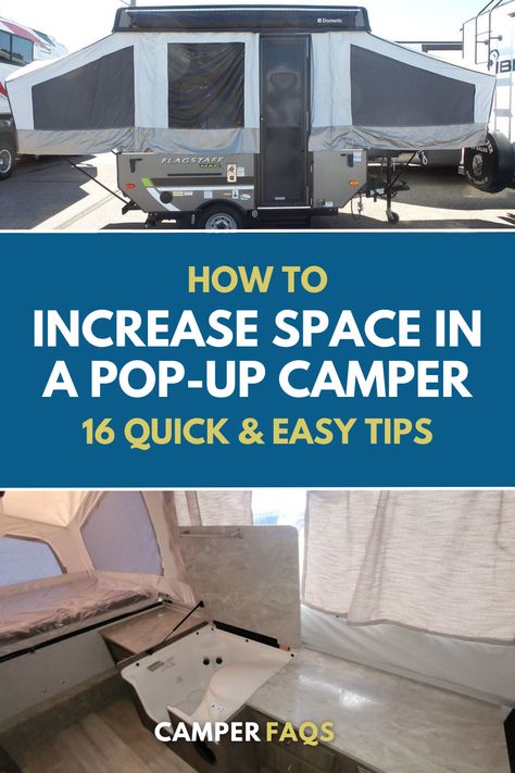 How To Increase Space In A Pop-Up Camper Popup Storage Ideas, Pop Up Camper Organization Ideas, Boho Pop Up Camper, Pop Up Camper Interior Ideas, Pop Up Camper Hacks, Jayco Pop Up Campers, Camper Storage Ideas, Small Pop Up Campers, Tent Trailer Remodel