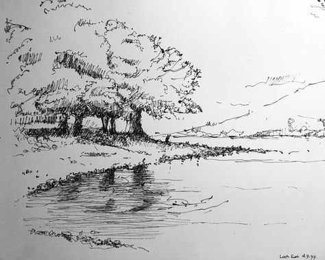 Ink Sketch Landscape, Ink Illustrations Landscape, Scenary Sketch Pencil, Ink Nature Drawing, Pen And Ink Landscape, Landscape Pen Drawing, Woods Sketch, Landscape Ink Drawing, Pen Sketch Landscape