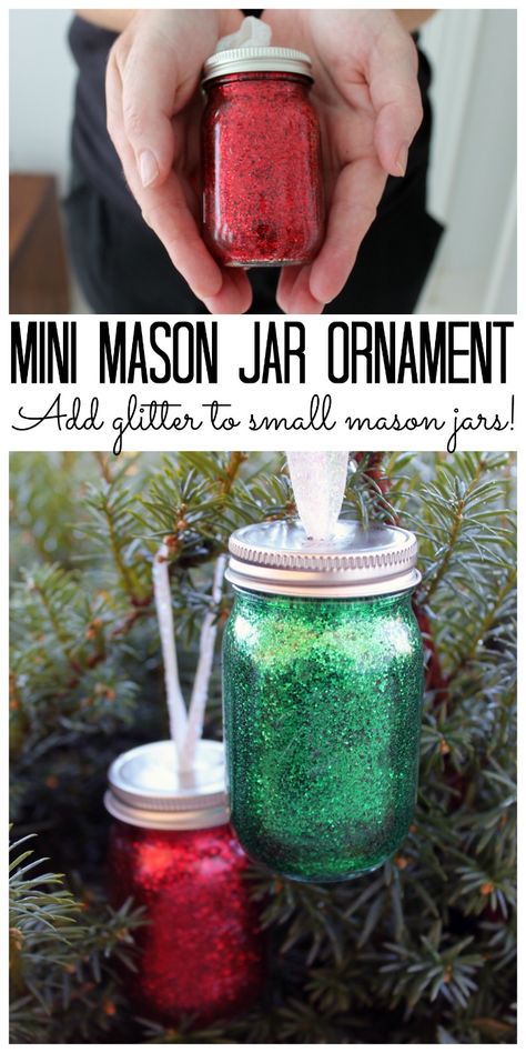 Mini Mason Jar Ornaments, Mason Jar Ornaments, Easy Mason Jar Crafts Diy, Jar Ornaments, Easy Mason Jar Crafts, Mini Mason Jar, Makeup Gifts, Luxurious Skincare, Glitter Mason Jars