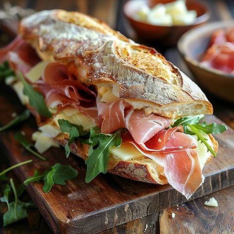 Baked Cheese Sandwich, Prosciutto Baguette Sandwiches, Toasted Baguette Sandwich, Brie Prosciutto Sandwich, Brie Cheese Toast, Fresh Sandwich Ideas, Picnic Baguette, Baguette Sandwich Recipes, Prosciutto Baguette