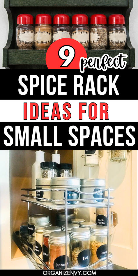 Spice bottles organized on spice racks in a kitchen Spice Organization Small Space Cupboards, Spice Storage Small Space, Diy Spice Rack Ideas Inside Cabinets, Spice Storage Ideas Inside Cabinets, Spice Rack For Small Spaces, Cabinet Spice Storage, Spice Rack In Kitchen, Under Cabinet Spice, Pantries Ideas