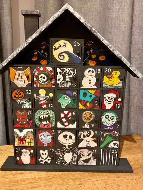 Nightmare Before Christmas Advent Calendar, The Nightmare Before Christmas Diy Decor, Painted Advent Calendar, Advent Calendar House, Wine Advent Calendar, Halloween Advent Calendar, Advent Diy, Homemade Advent Calendars, Advent Ideas