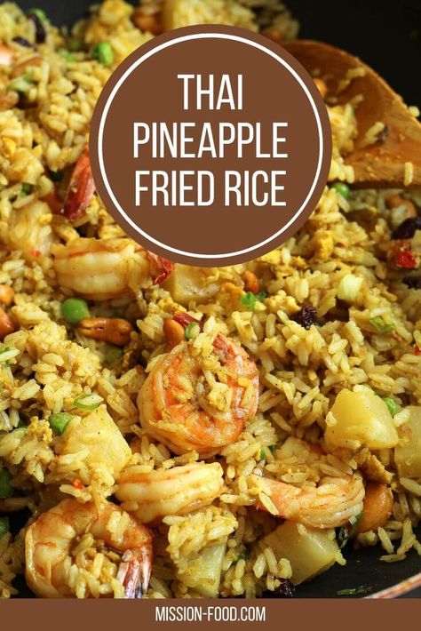 This authentic better-than-takeout Thai Pineapple Fried Rice is the perfect savory/sweet recipe to satisfy your cravings. Adding succulent shrimp to this colorful concoction provides a boost of protein and tons of flavor. Thai Pineapple Shrimp Curry, Thai Pineapple Fried Rice Recipe, Thai Pineapple Rice, Thai Curry Fried Rice, Shrimp Pineapple Recipes, Seafood Fried Rice Recipes, Shrimp And Pineapple Recipes, Thai Fried Rice Recipe Authentic, Pineapple Curry Fried Rice